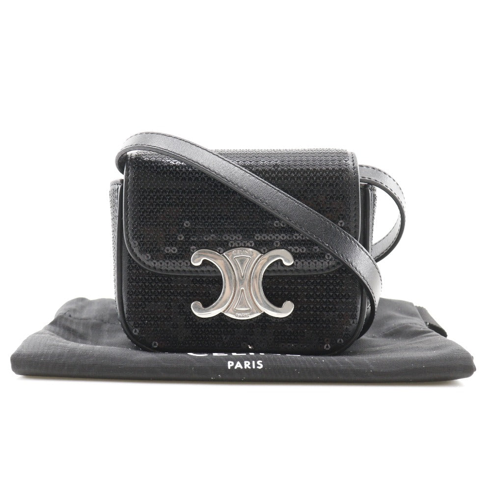 Celine Shoulder Bag Leather, Sequins Black 2-Way Clutch Mini Triomphe Women