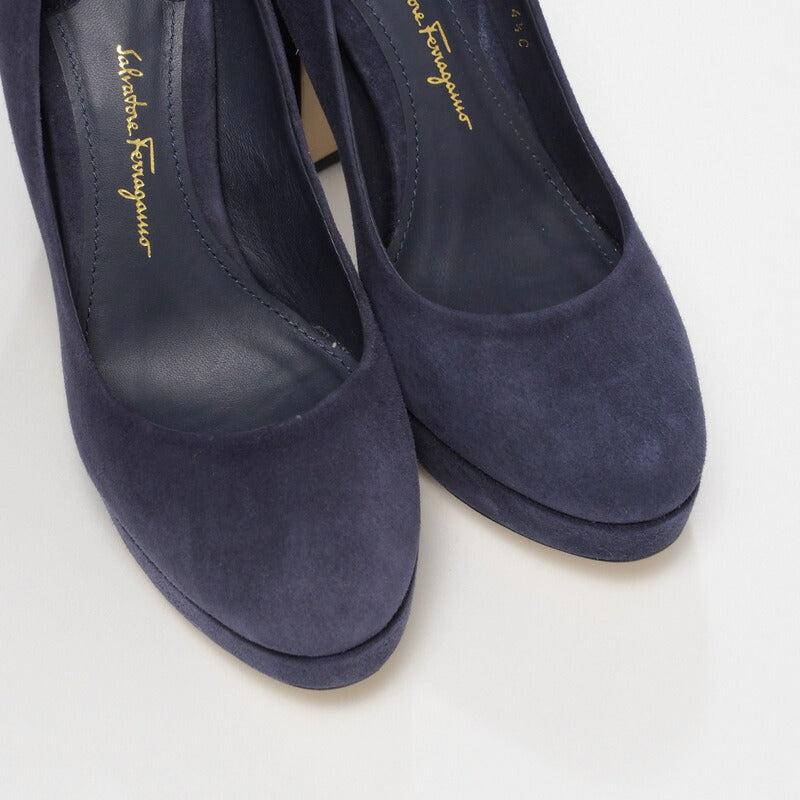Salvatore Ferragamo Pumps Suede Navy Metal Heel (Gancini Motif)