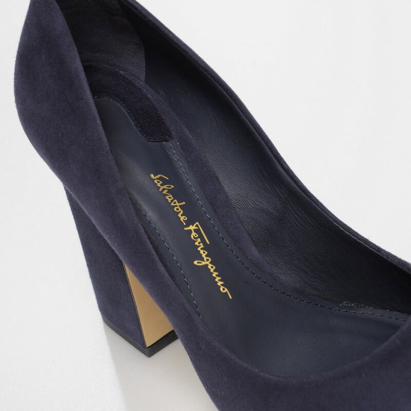 Salvatore Ferragamo Pumps Suede Navy Metal Heel (Gancini Motif)