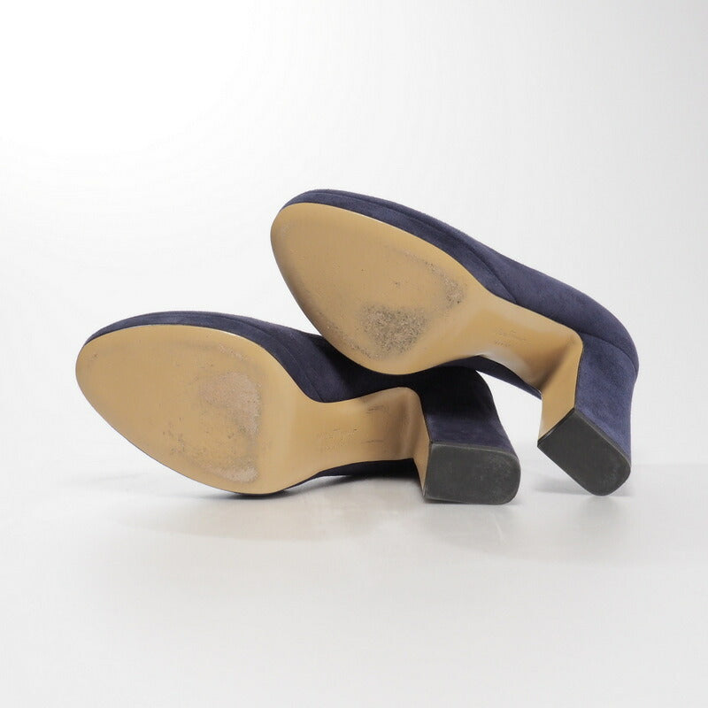 Salvatore Ferragamo Pumps Suede Navy Metal Heel (Gancini Motif)