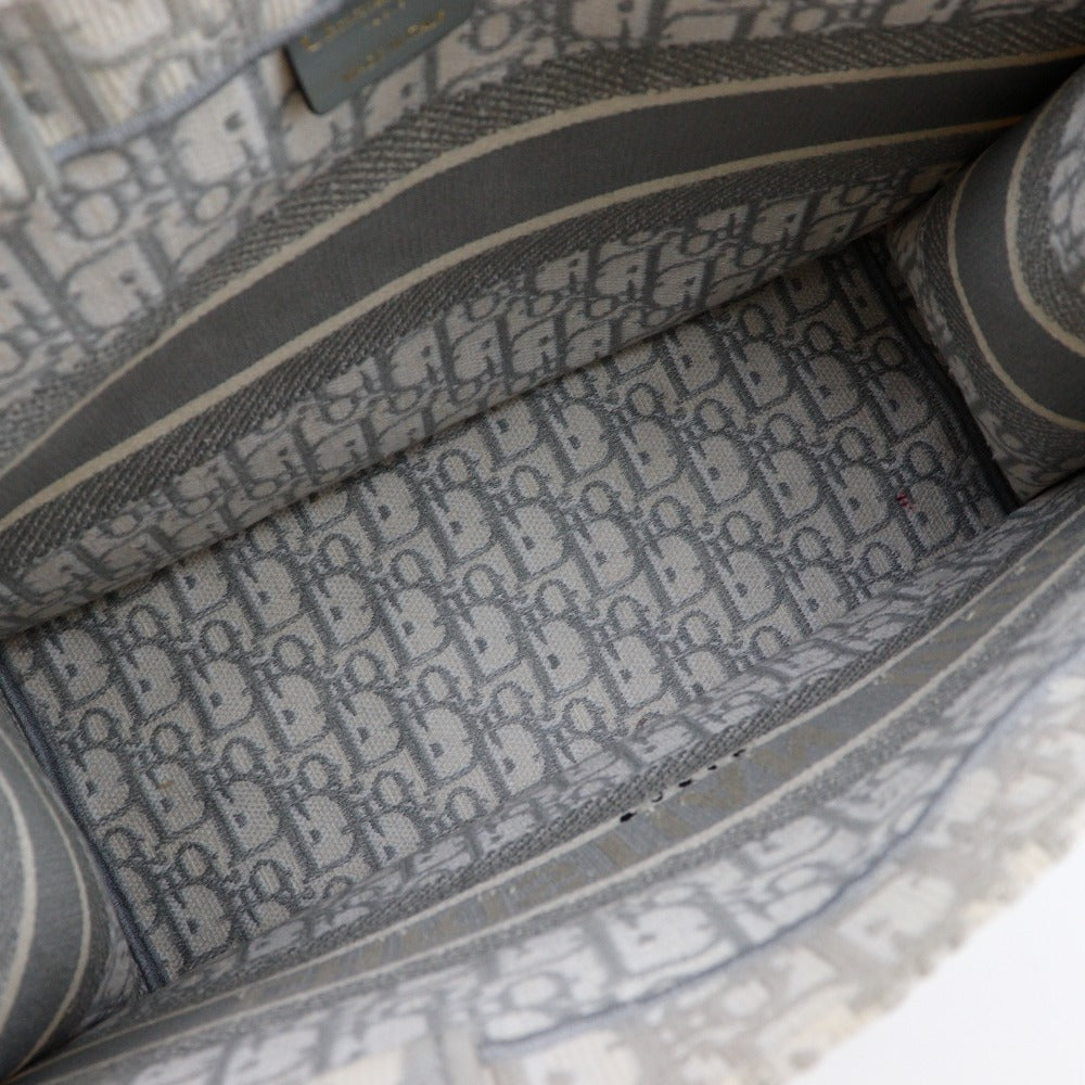 Christian Dior Tote Bag Cotton Light Gray Embroidery Oblique Book Tote Medium Women