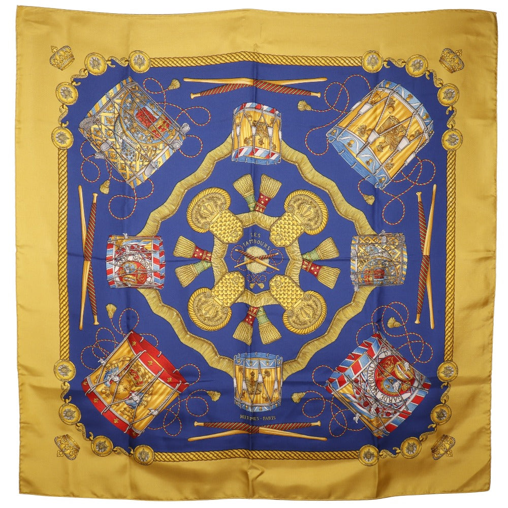 Hermes Scarf Silk Blue Les Tambours Tambour Drums Carre90 Women