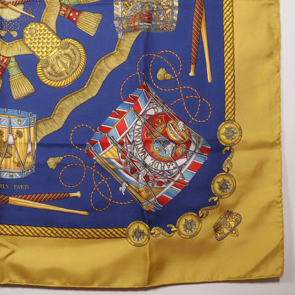 Hermes Scarf Silk Blue Les Tambours Tambour Drums Carre90 Women
