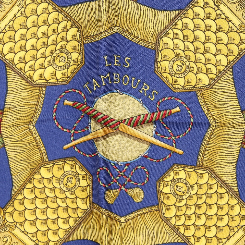Hermes Scarf Silk Blue Les Tambours Tambour Drums Carre90 Women