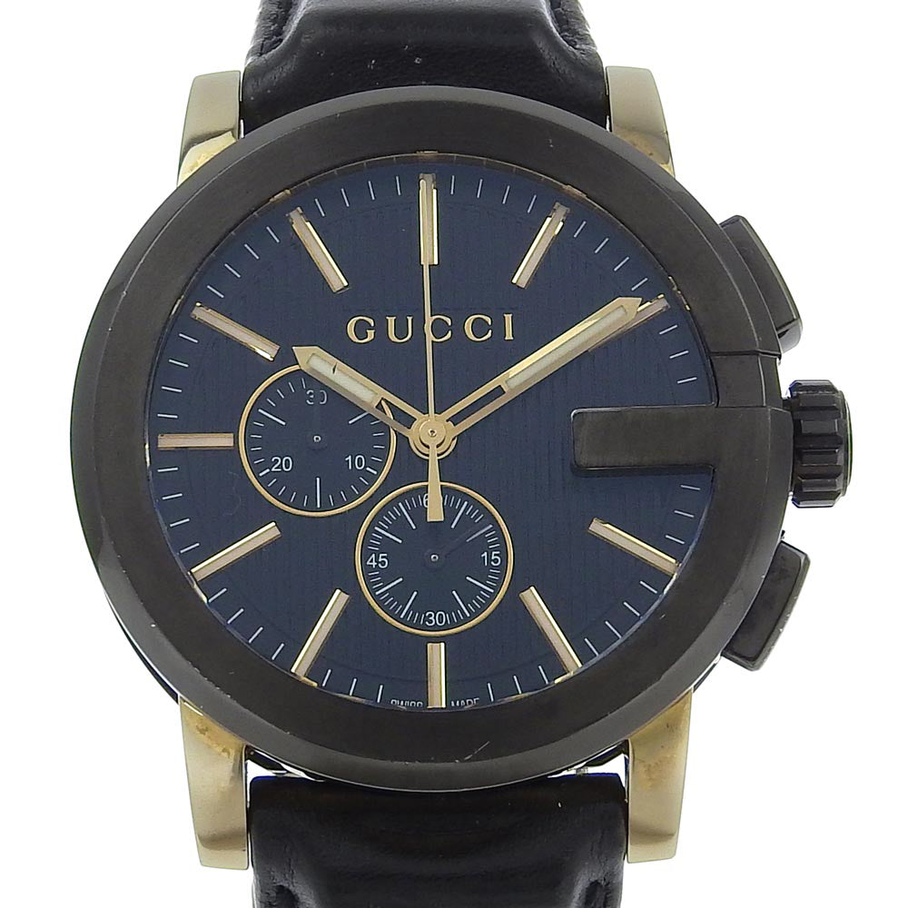 Gucci Watches Quartz 101.2 Stainless Steel , Embossed Leather Black G Chrono Black Dial Mens