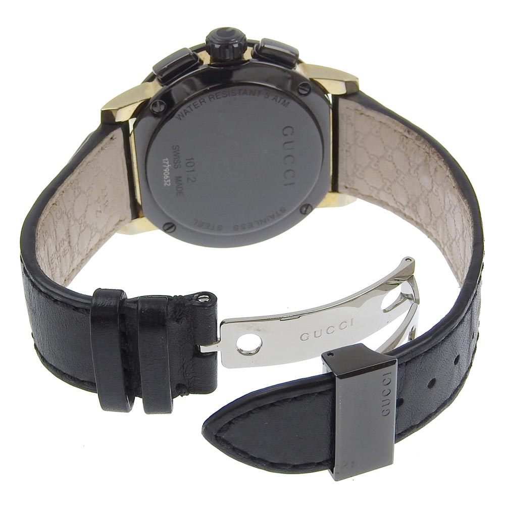 Gucci Watches Quartz 101.2 Stainless Steel , Embossed Leather Black G Chrono Black Dial Mens