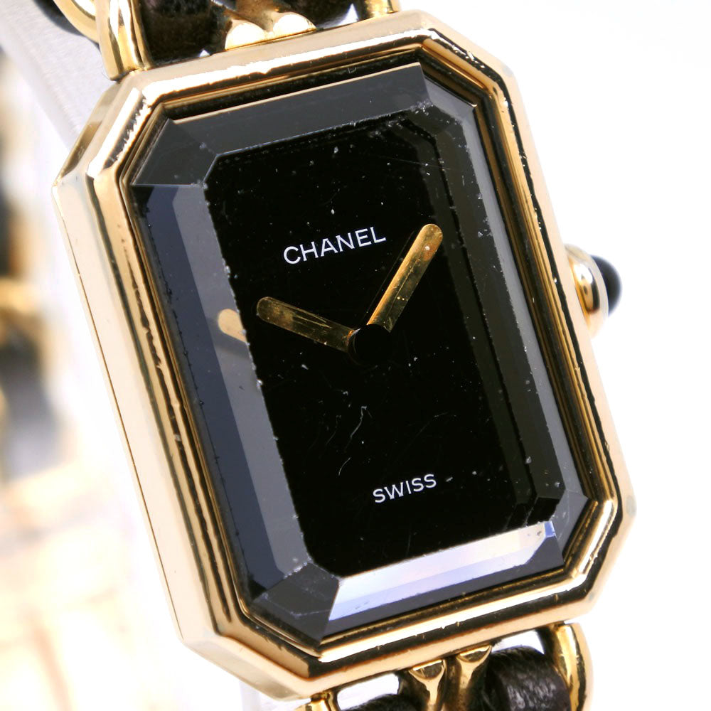 Chanel Watches Quartz H0001 Plated Gold , Leather Black / Gold Premiere L Black Dial Women