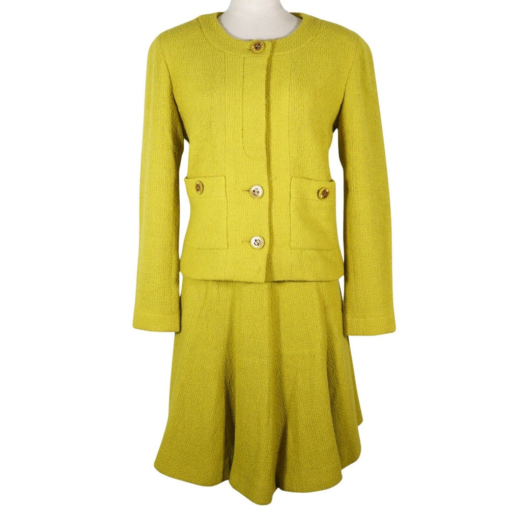 Chanel Suit Wool Yellowish Green Coco Mark Button Jacket And Flared Skirt Women 36