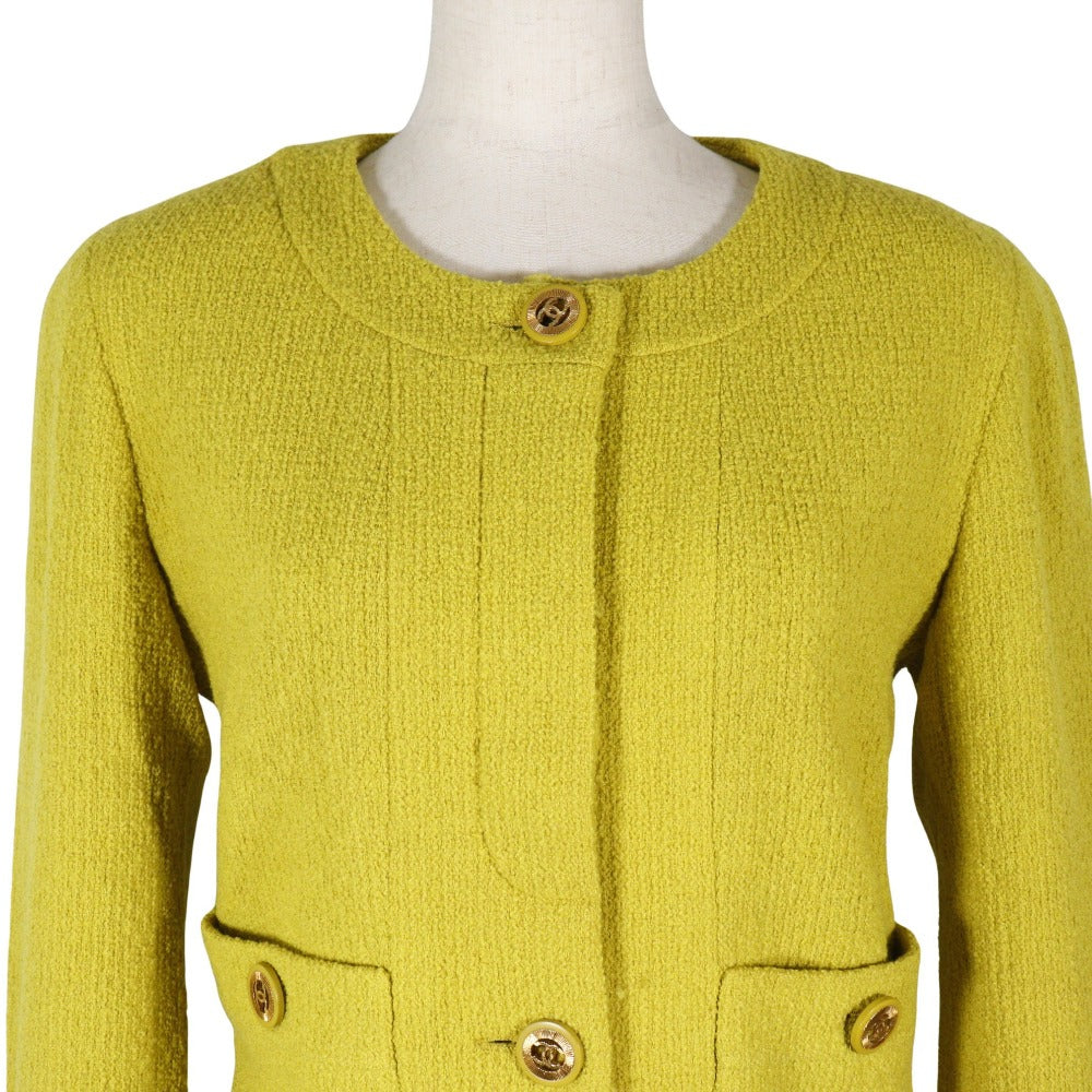 Chanel Suit Wool Yellowish Green Coco Mark Button Jacket And Flared Skirt Women 36