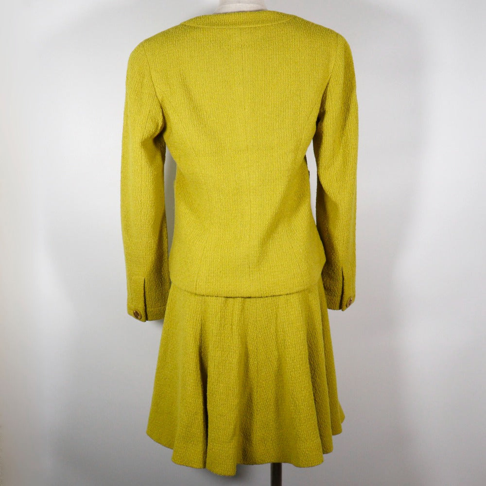 Chanel Suit Wool Yellowish Green Coco Mark Button Jacket And Flared Skirt Women 36