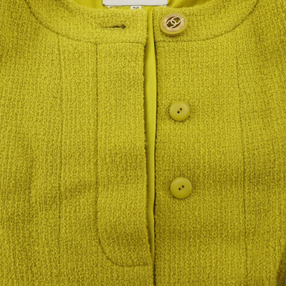 Chanel Suit Wool Yellowish Green Coco Mark Button Jacket And Flared Skirt Women 36