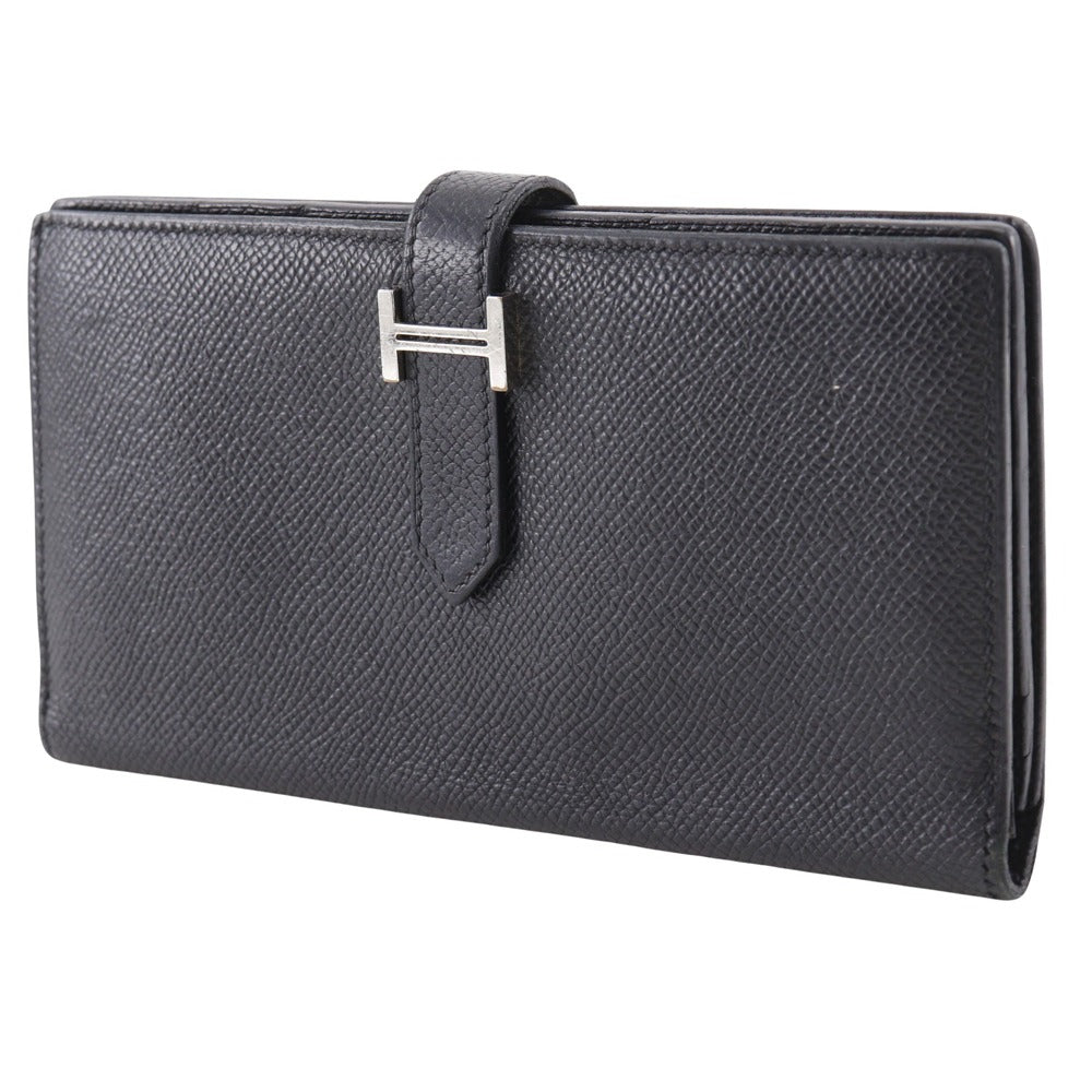Hermes Long Wallet Purse Courchevel Black/Silver Metal Bean Unisex(Unisex)