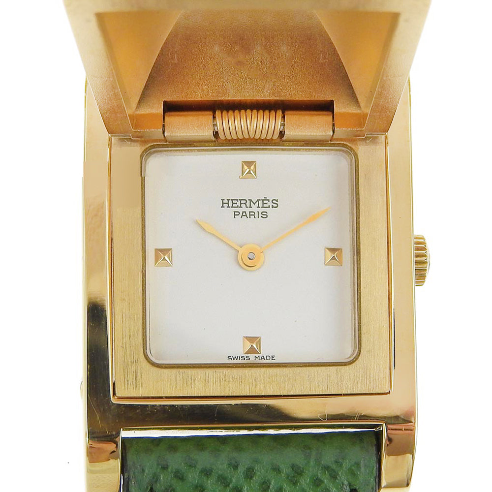 Hermes Watches Quartz Plated Gold , Leather Green Medor White Dial Women