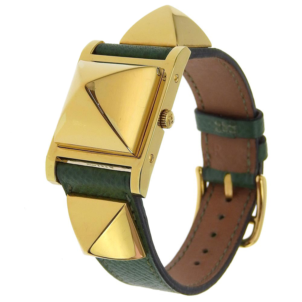 Hermes Watches Quartz Plated Gold , Leather Green Medor White Dial Women
