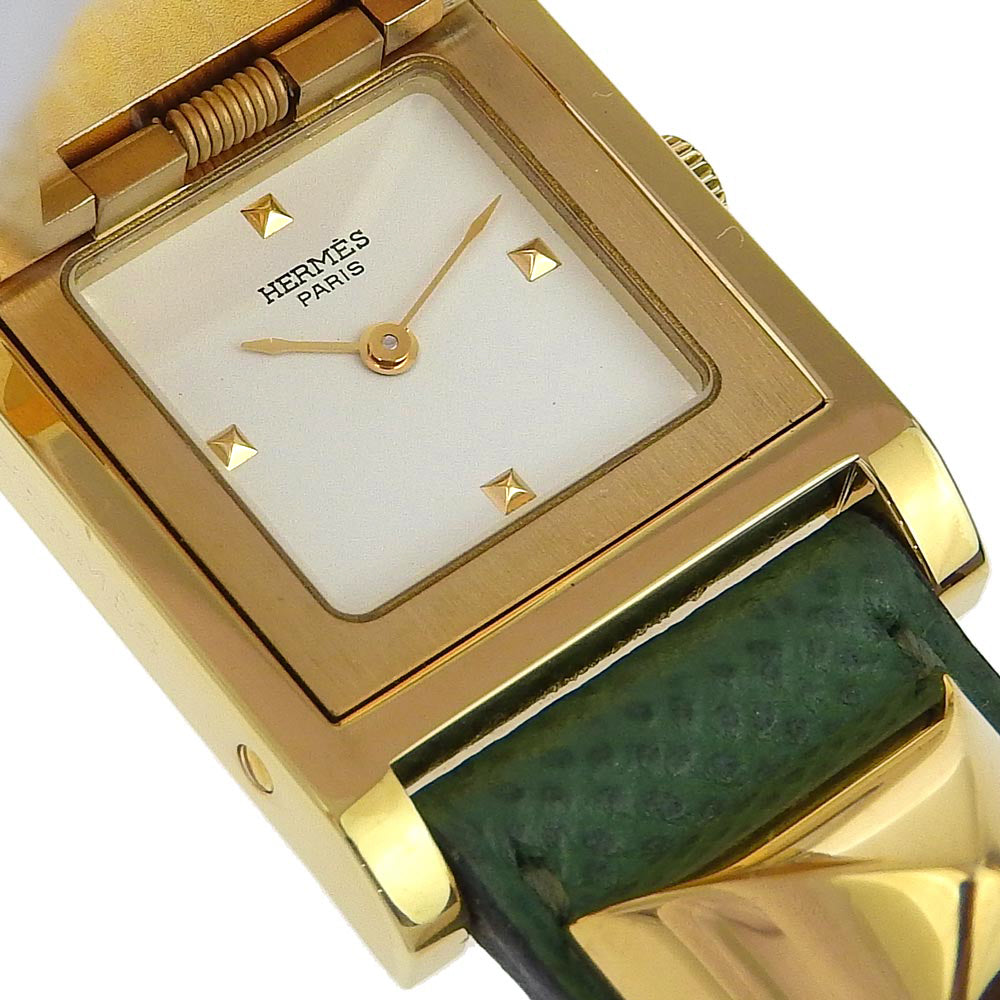 Hermes Watches Quartz Plated Gold , Leather Green Medor White Dial Women
