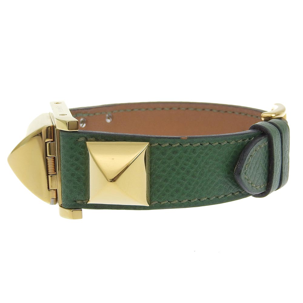 Hermes Watches Quartz Plated Gold , Leather Green Medor White Dial Women