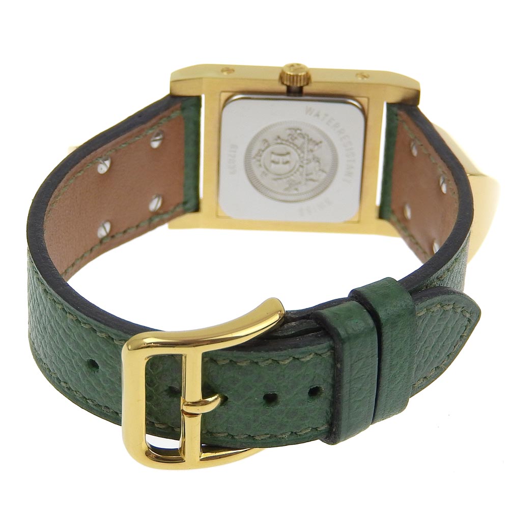 Hermes Watches Quartz Plated Gold , Leather Green Medor White Dial Women