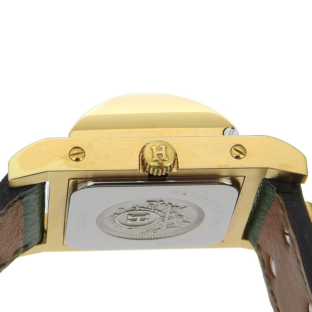 Hermes Watches Quartz Plated Gold , Leather Green Medor White Dial Women