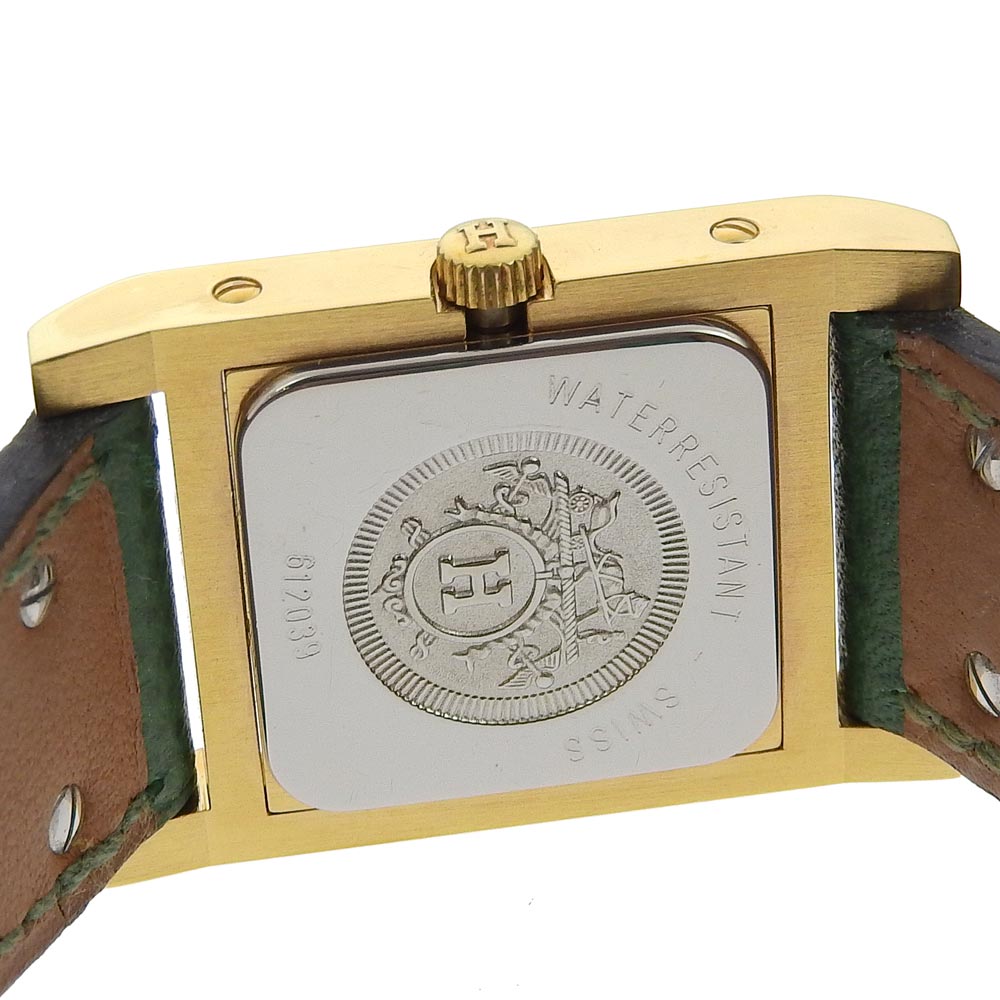 Hermes Watches Quartz Plated Gold , Leather Green Medor White Dial Women