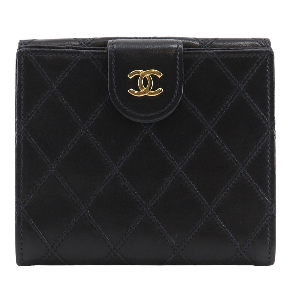 Chanel Bifold Wallet Lambskin Black Vintage W Hook Wallet Coco Mark Bicolole Women