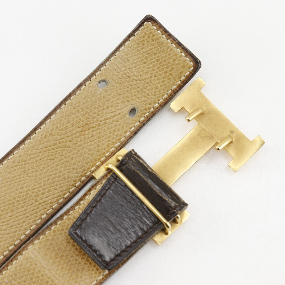 Hermes Belt Leather, Plated Gold Brown / Beige Reversible Vintage H Belt Mens