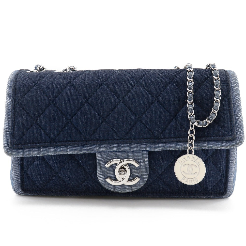 Chanel Shoulder Bag Denim Blue Double Chain Matrasse Chainshoulder Women
