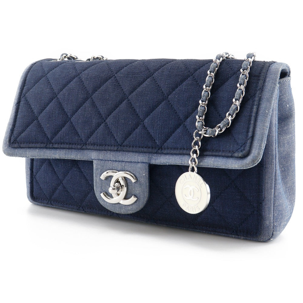 Chanel Shoulder Bag Denim Blue Double Chain Matrasse Chainshoulder Women