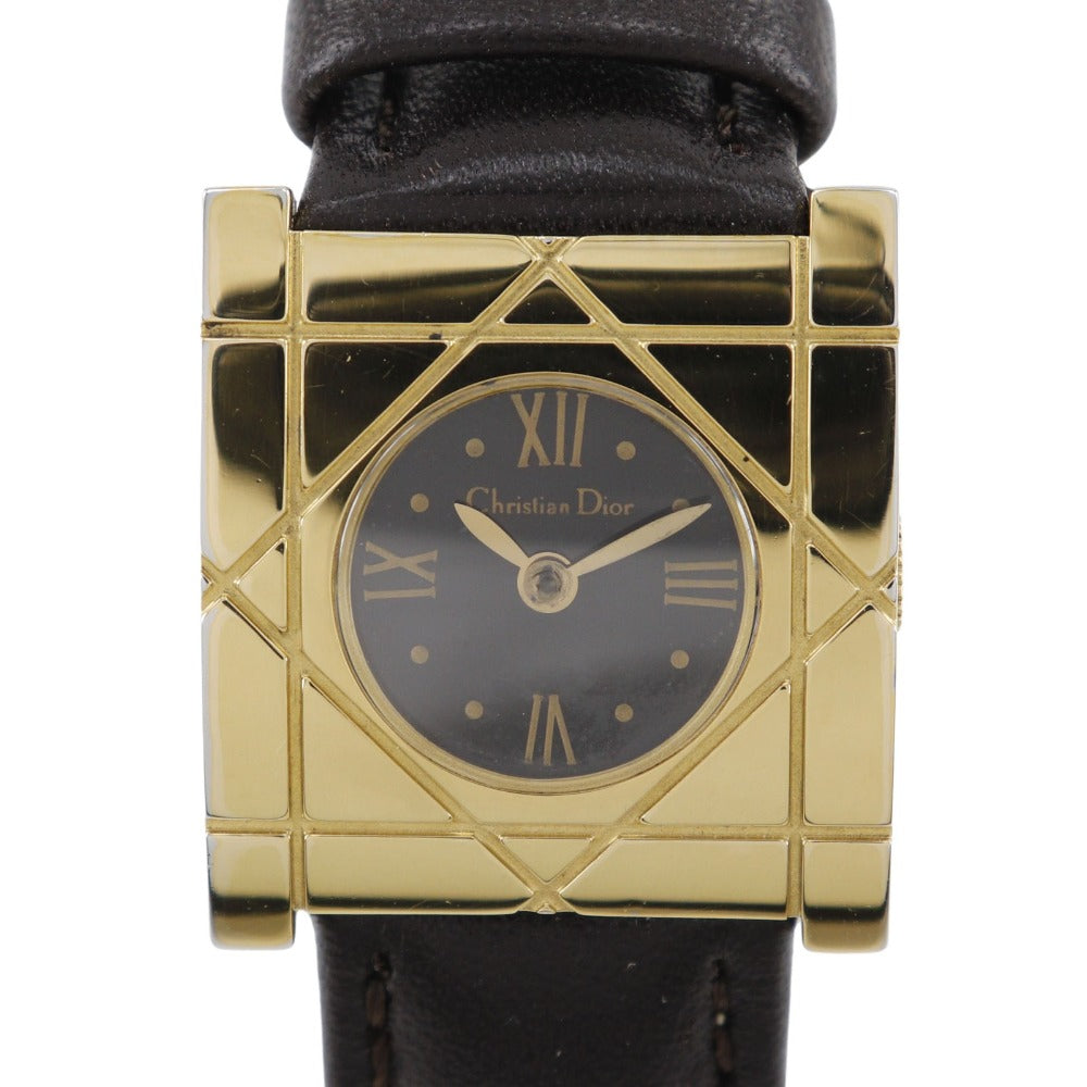 Dior Watches Quartz D82-150 Plated Gold, Embossed Leather Black Cannage Square Black Dial Women