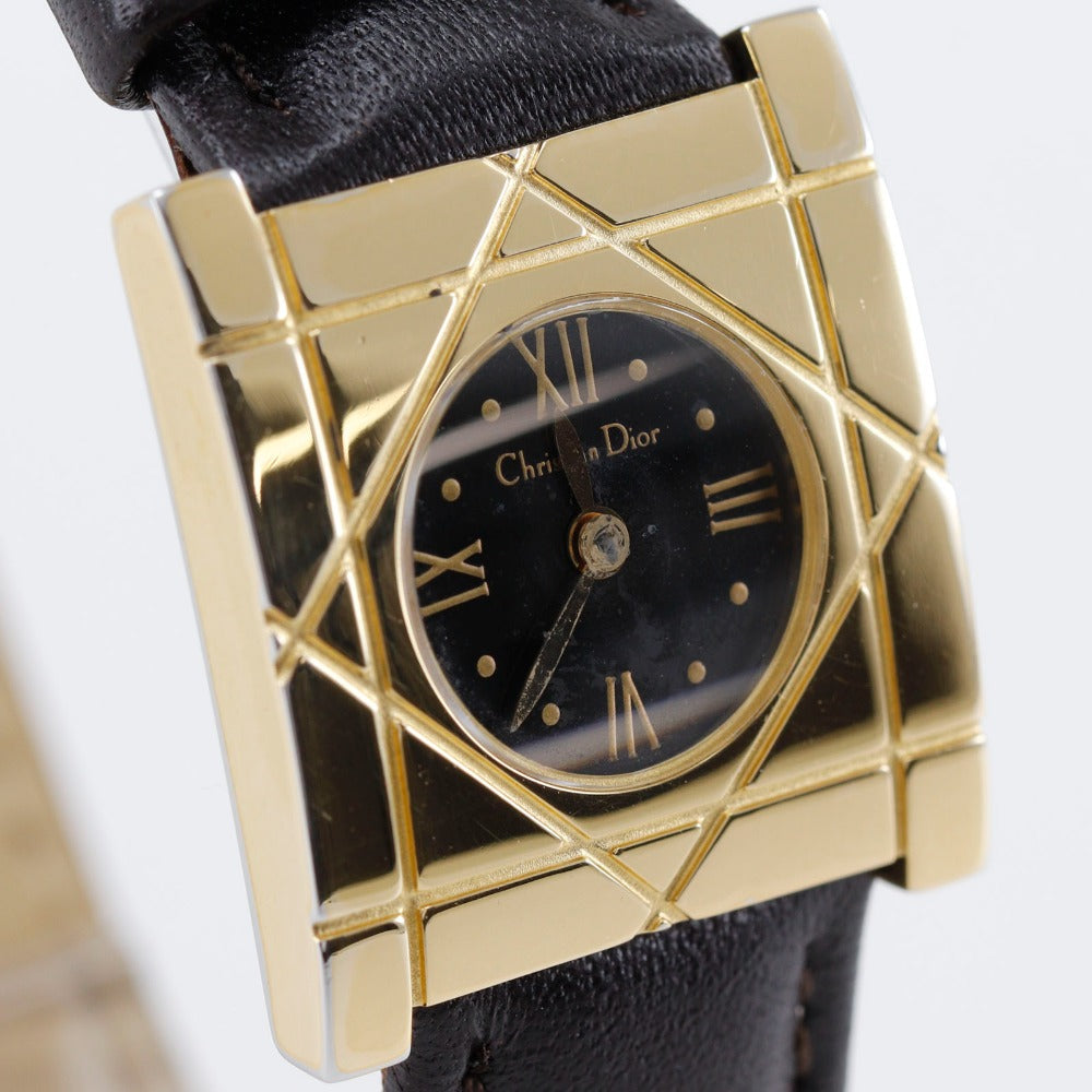 Dior Watches Quartz D82-150 Plated Gold, Embossed Leather Black Cannage Square Black Dial Women