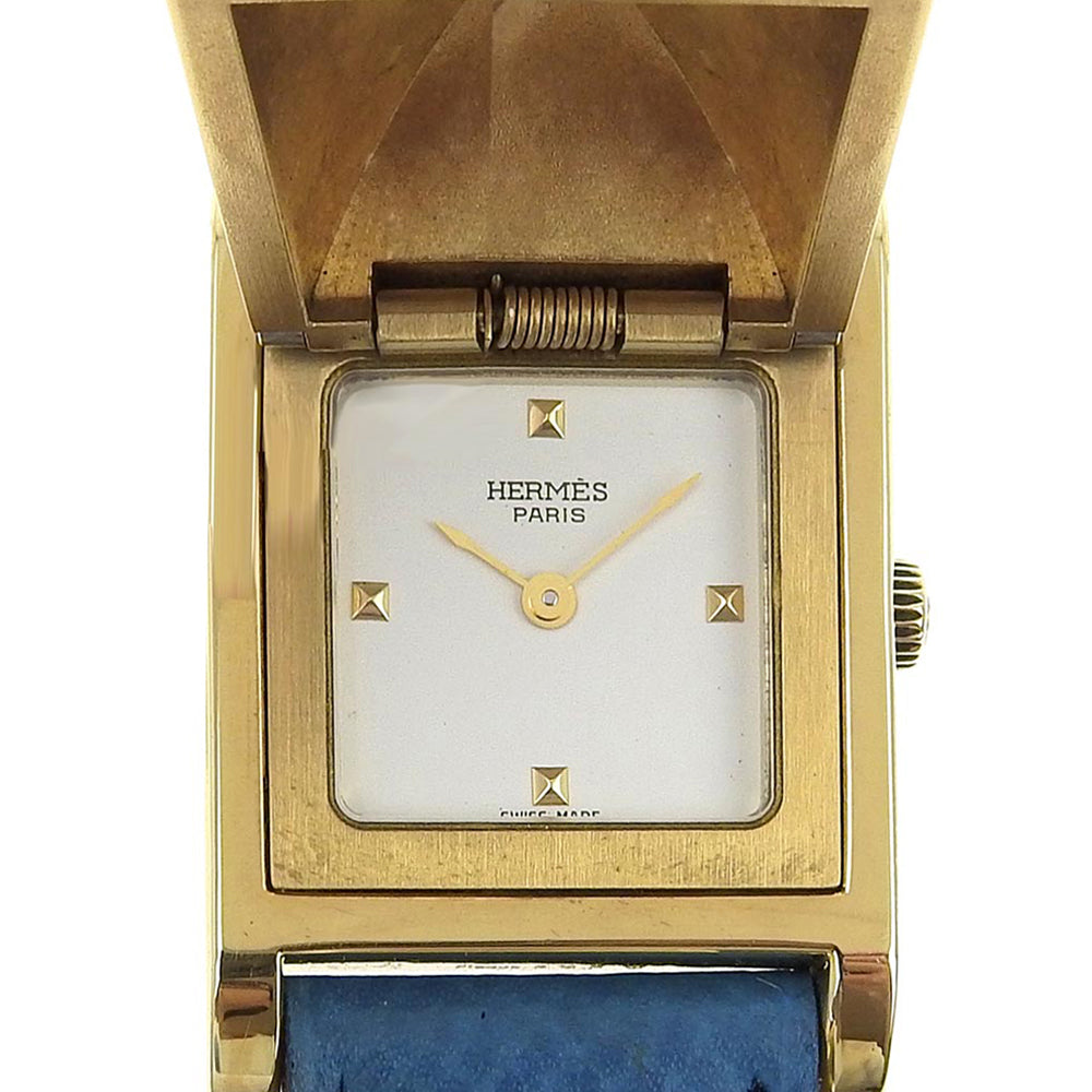 Hermes Watches Quartz Plated Gold , Leather Silver Medor White Dial Women