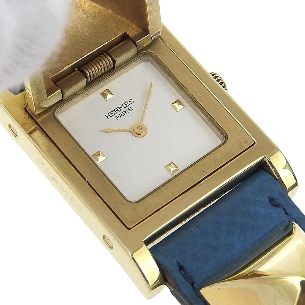 Hermes Watches Quartz Plated Gold , Leather Silver Medor White Dial Women