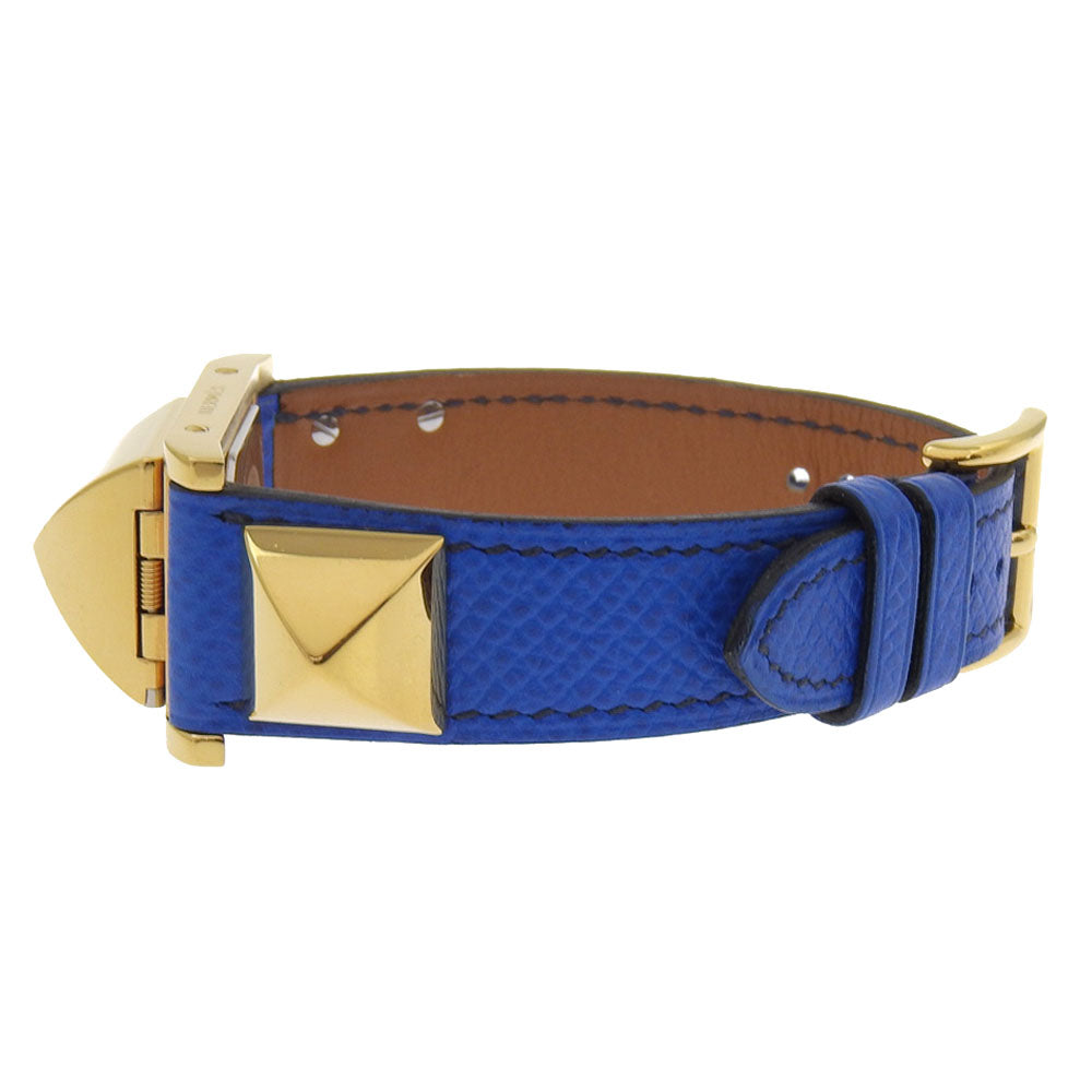 Hermes Watches Quartz Plated Gold, Embossed Leather Gold Medor White Dial Women