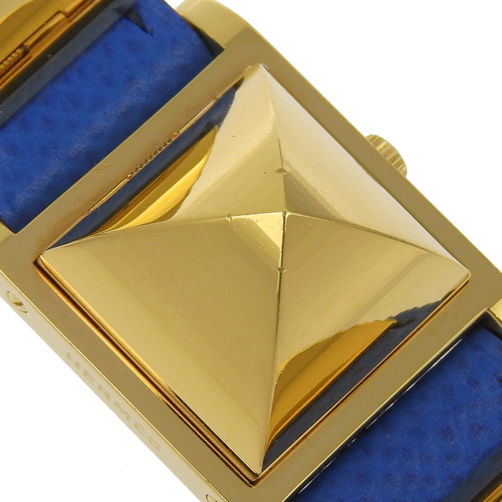 Hermes Watches Quartz Plated Gold, Embossed Leather Gold Medor White Dial Women