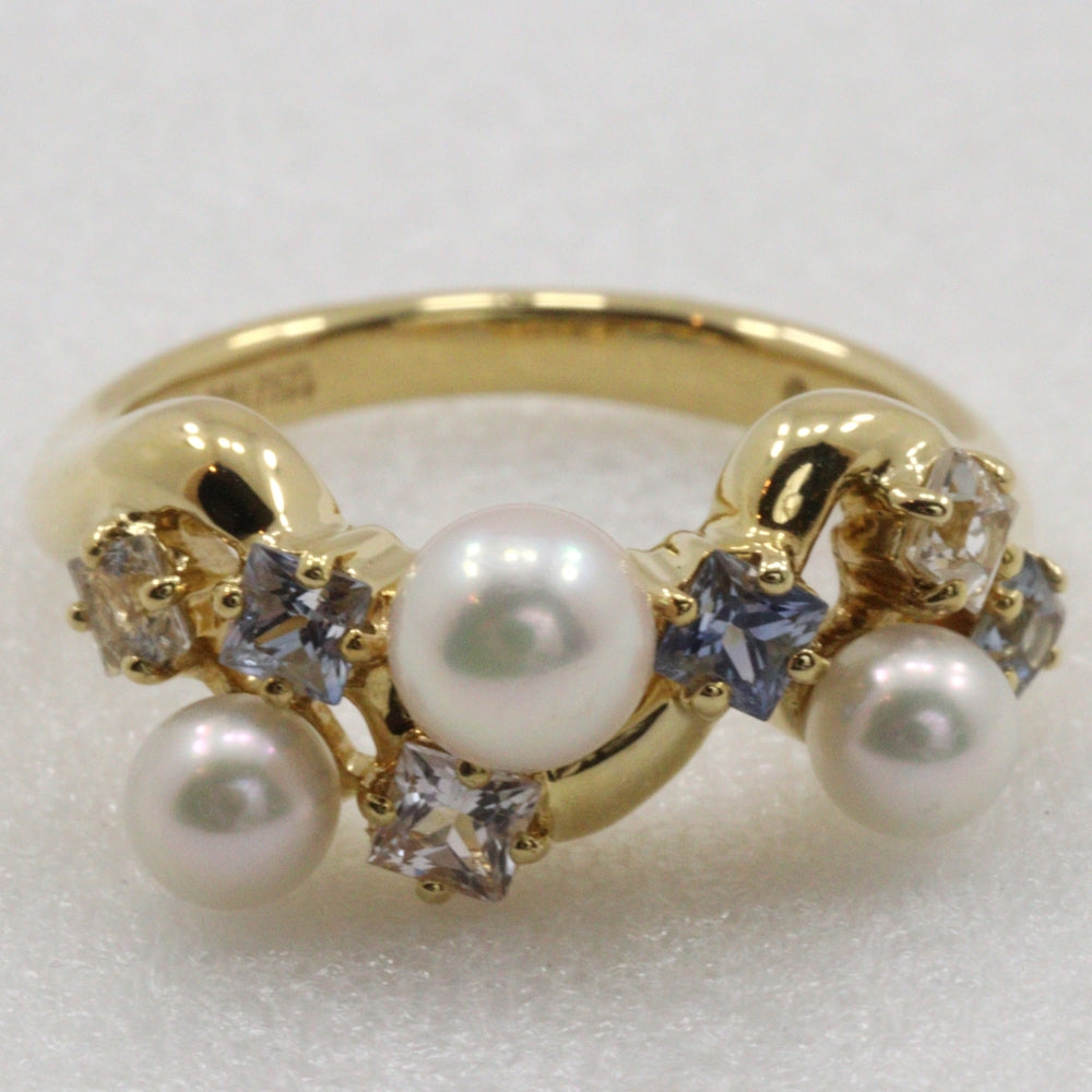 June Ring K18 Yellow Gold, Diamond, Sapphire Gold Baby Pearl Women