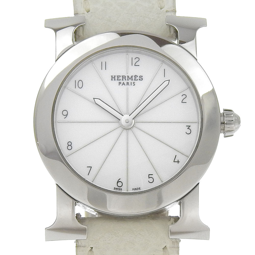 Hermes Watches Quartz Hr1.210 Stainless Steel , Embossed Leather Silver H Watch Rondo White Dial