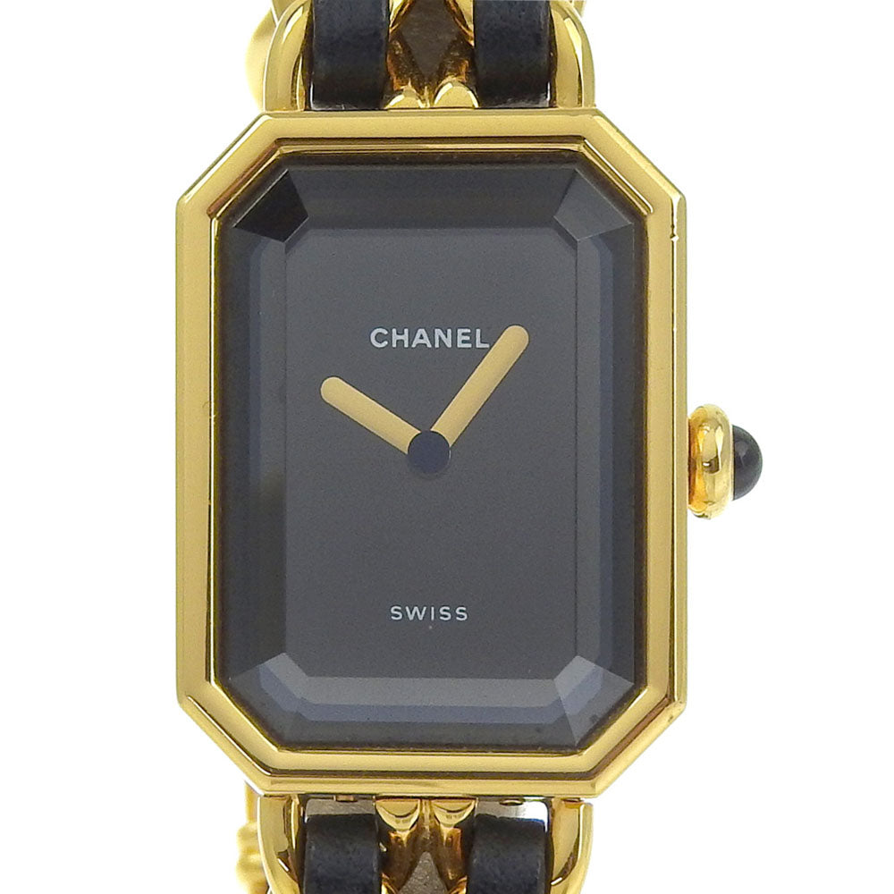 Chanel Watches Quartz H0001 Plated Gold, Embossed Leather Gold Premiere L Black Dial Women