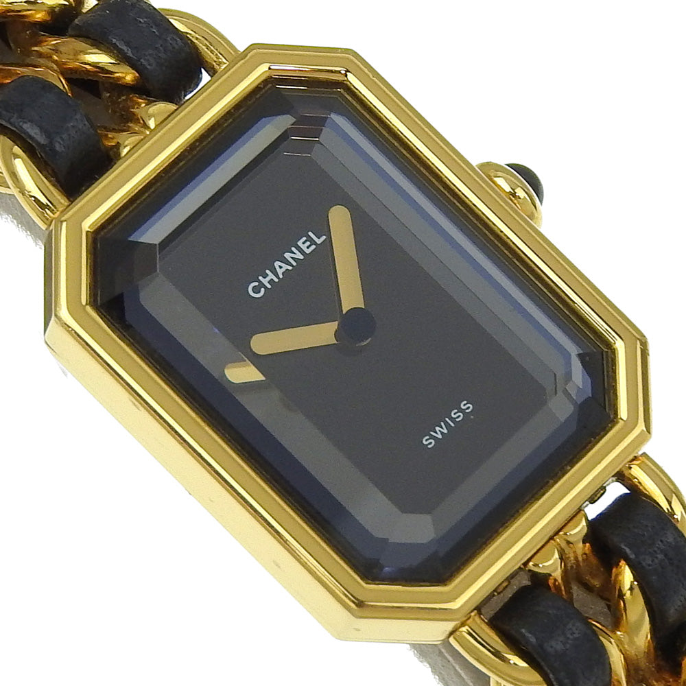 Chanel Watches Quartz H0001 Plated Gold, Embossed Leather Gold Premiere L Black Dial Women