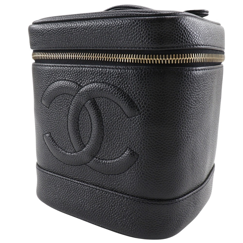 Chanel Pouch A01998 Caviar Skin Black Handbag Coco Mark Vanity Women