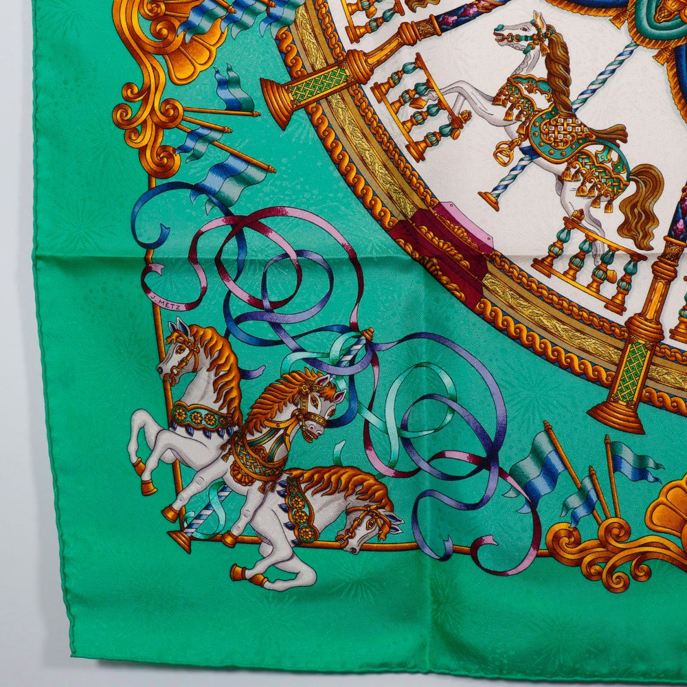 Hermes Scarf Silk Green Merry-Go-Round Luna Park Amusement Park Carre90 Women