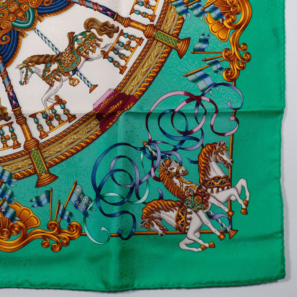 Hermes Scarf Silk Green Merry-Go-Round Luna Park Amusement Park Carre90 Women