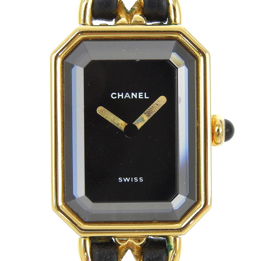 Chanel Watches Quartz H0001 Plated Gold, Embossed Leather Silver Premiere M Black Dial Women