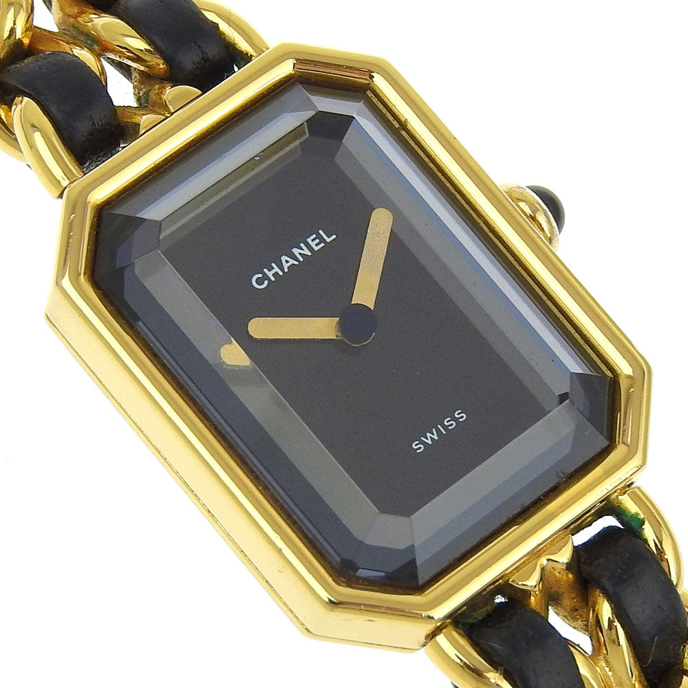 Chanel Watches Quartz H0001 Plated Gold, Embossed Leather Silver Premiere M Black Dial Women