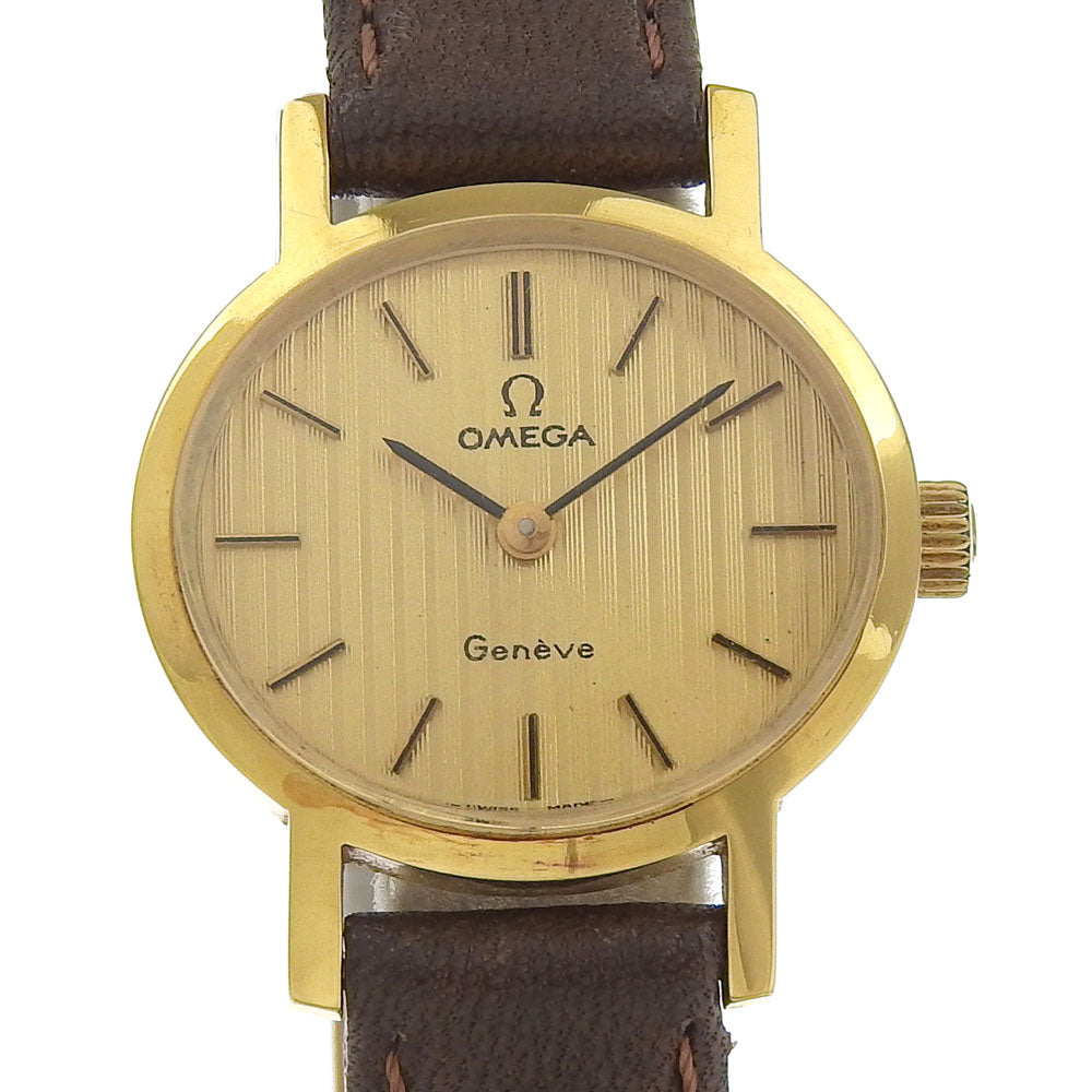 Omega Watches Hand Winding Plated Gold , Leather Silver Geneva Gold Dial Women