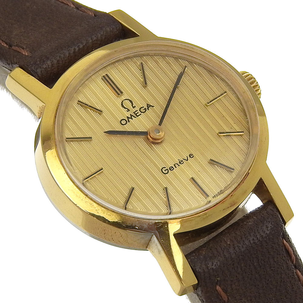 Omega Watches Hand Winding Plated Gold , Leather Silver Geneva Gold Dial Women