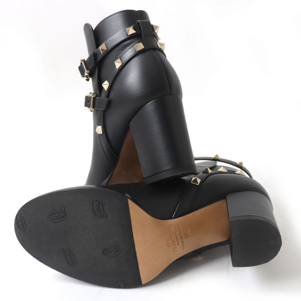 Valentino Boots Leather Black Ankle Boots Short Boots Rock Studs Women 36