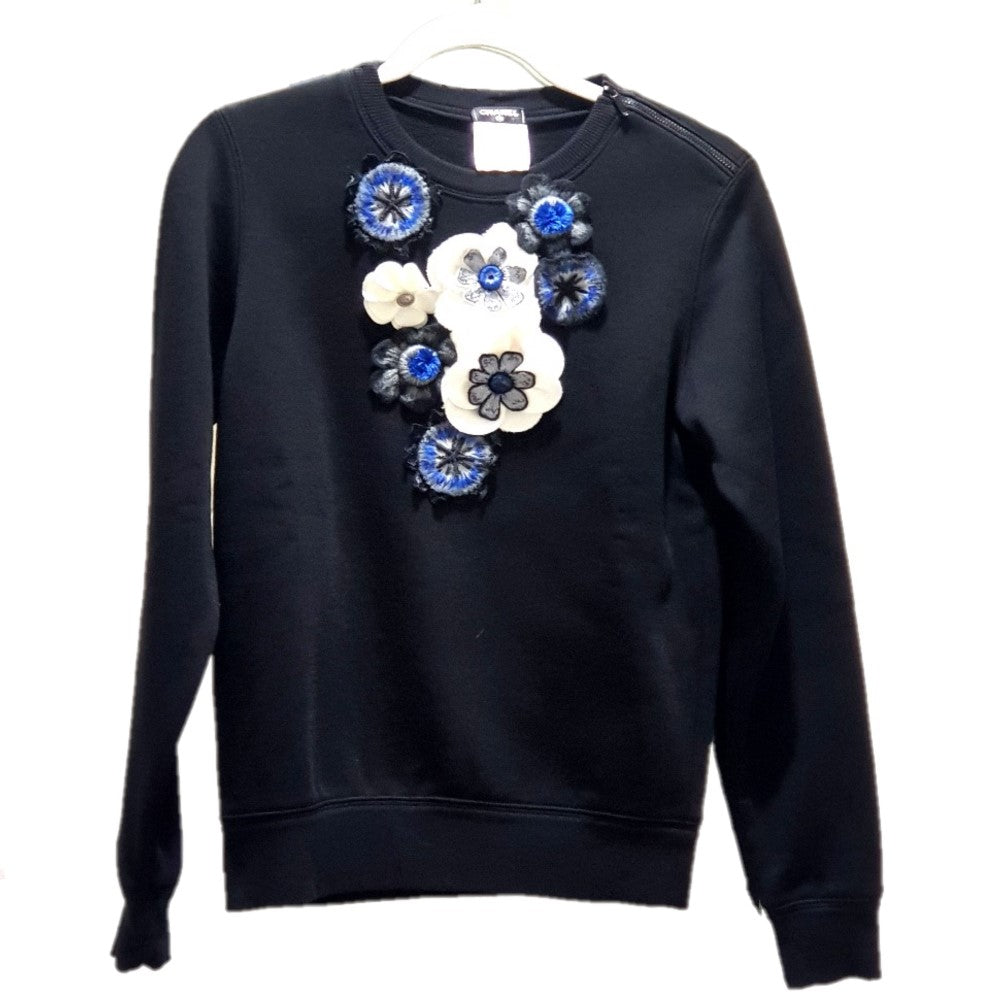 Chanel Sweat P52492 Cotton, Wool Black X Blue 15B Camellia Decoration Shoulder Zipper Women 36