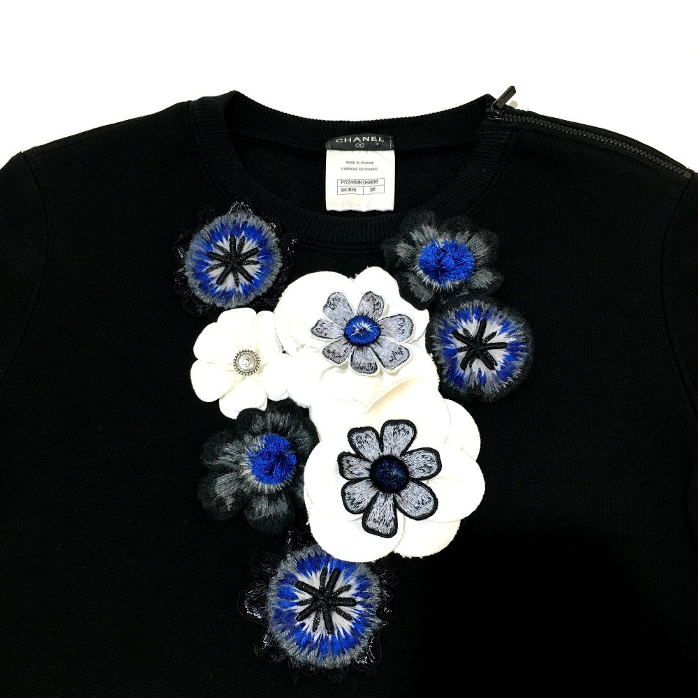 Chanel Sweat P52492 Cotton, Wool Black X Blue 15B Camellia Decoration Shoulder Zipper Women 36