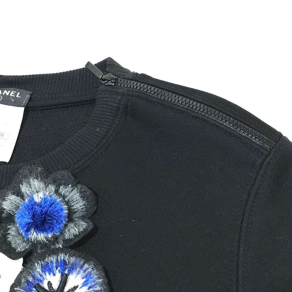 Chanel Sweat P52492 Cotton, Wool Black X Blue 15B Camellia Decoration Shoulder Zipper Women 36