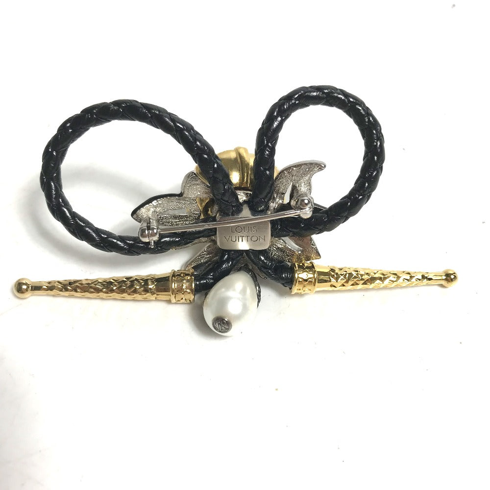 Louis Vuitton Brooch Mp2197 Leather, Metal Black Accessories Faux Pearl Fleur Bijoux