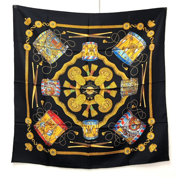 Hermes Scarf Silk Black Les Tambours Tambour Drums Carre90